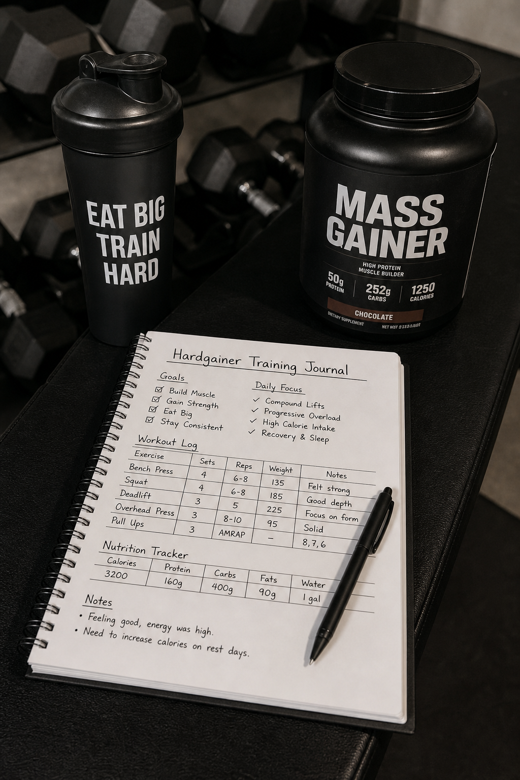 Professional lifestyle photo of a hardgainer-focused workout setup and training journal